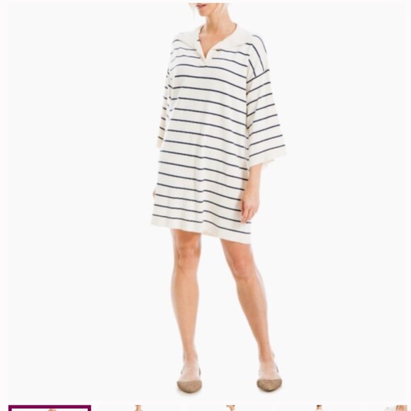 Max Studio Johnny collar striped knit dress color off white caramel small - Picture 2 of 13